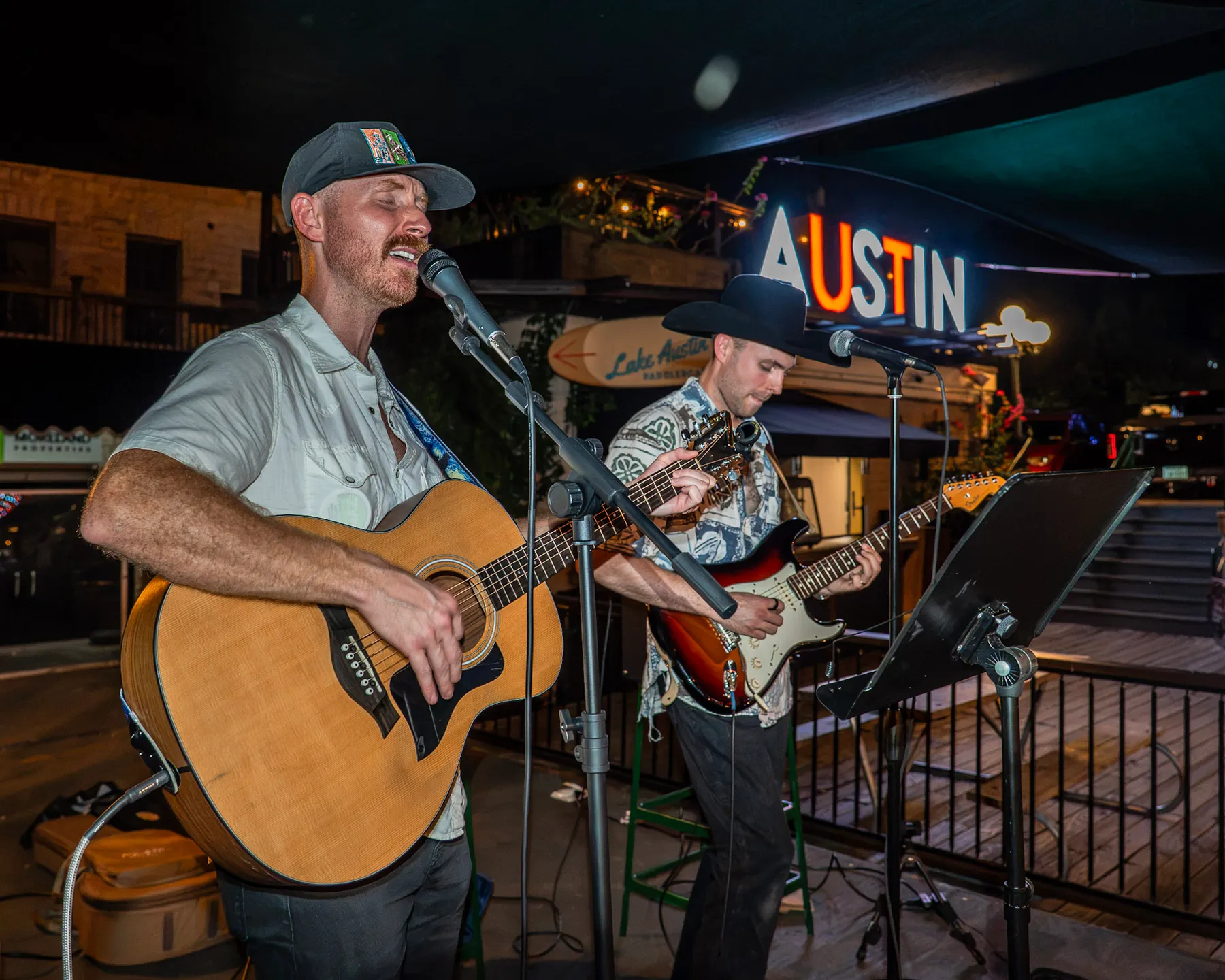 Retro Gringos performing live at an outdoor venue in Austin, Texas